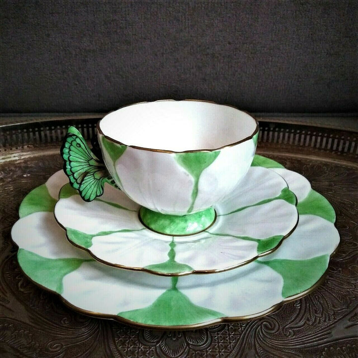 RARE Green & White Aynsley Butterfly handle Art Deco Teacup Saucer Side Plate