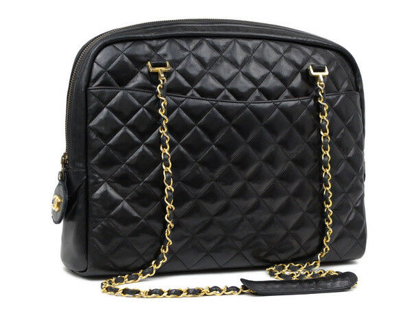 AUTH CHANEL BLACK CLASSIC LAMBSKIN TOTE SHOULDER BAG