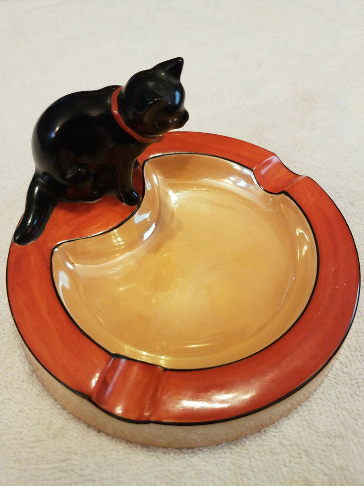 Antique NORITAKE Black Cat Ashtray Made in Japan Handpainted Collectible