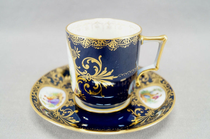 Richard Klemm Dresden Hand Painted Courting Couple Cobalt & Gold Demitasse Cup A