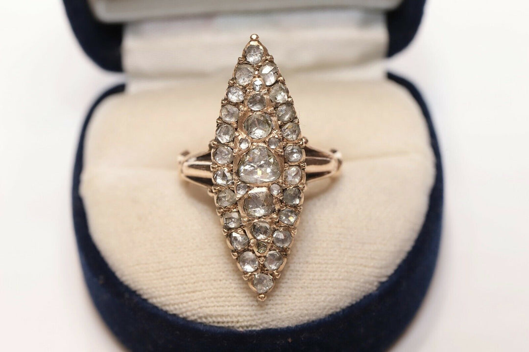 アンティーク オリジナル 12K ナチュラルローズカットダイヤモンドのナヴェットリング