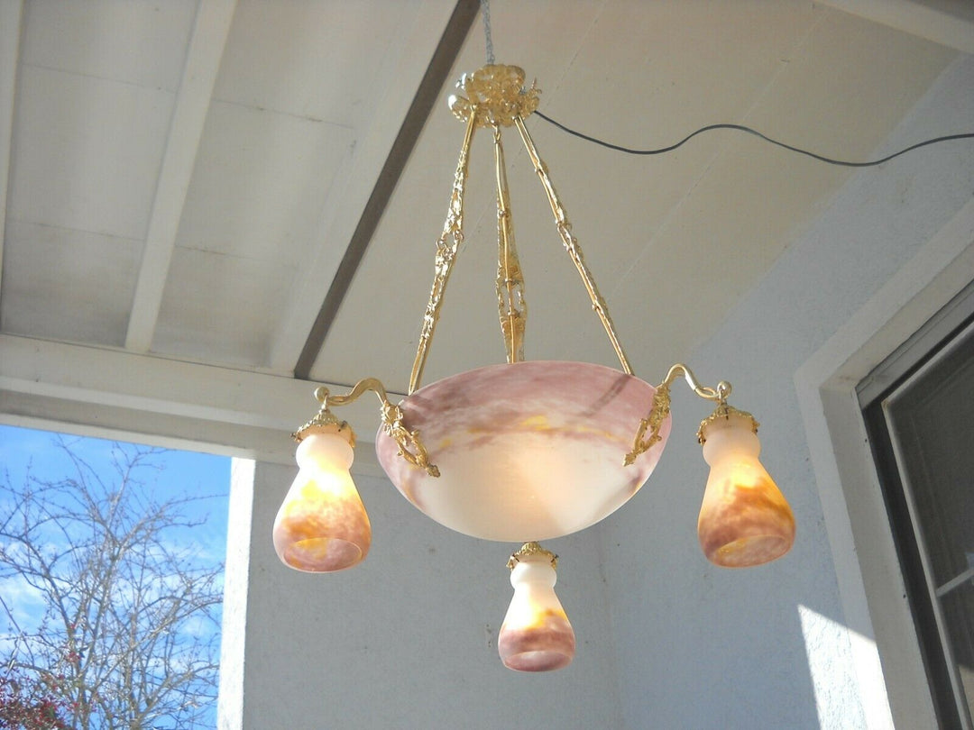 MULLER FRERES ( Croismare ) Deckenlampe Pate de verre Messing