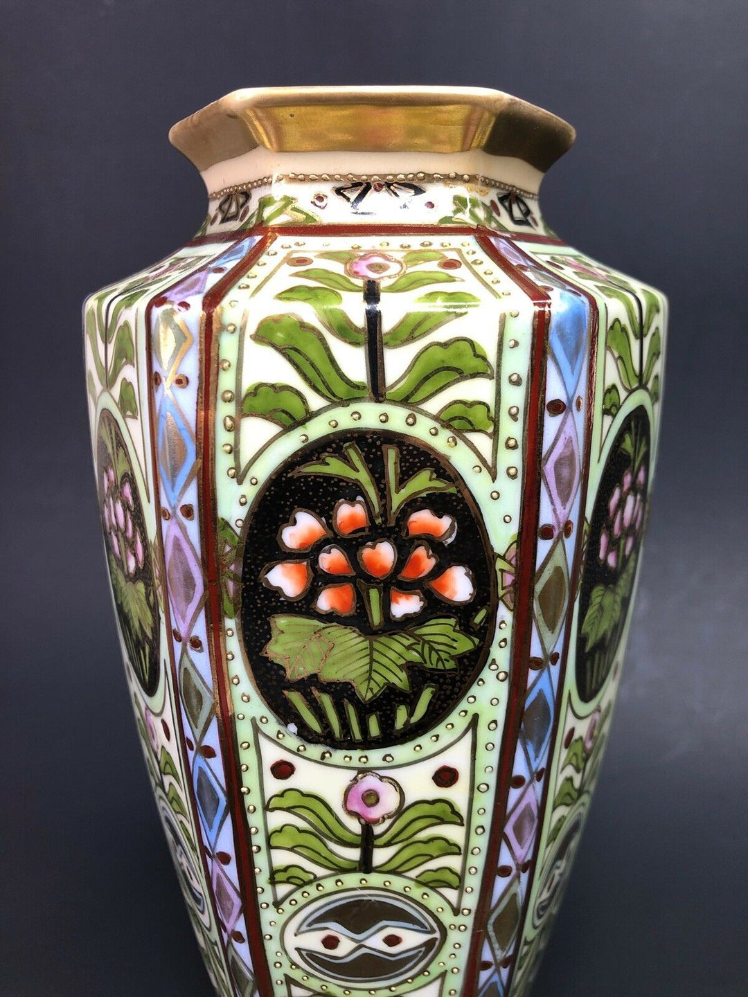 Early 9” NIPPON Noritake Porcelain Beaded Moriage Enamel Floral Art Vase Signed