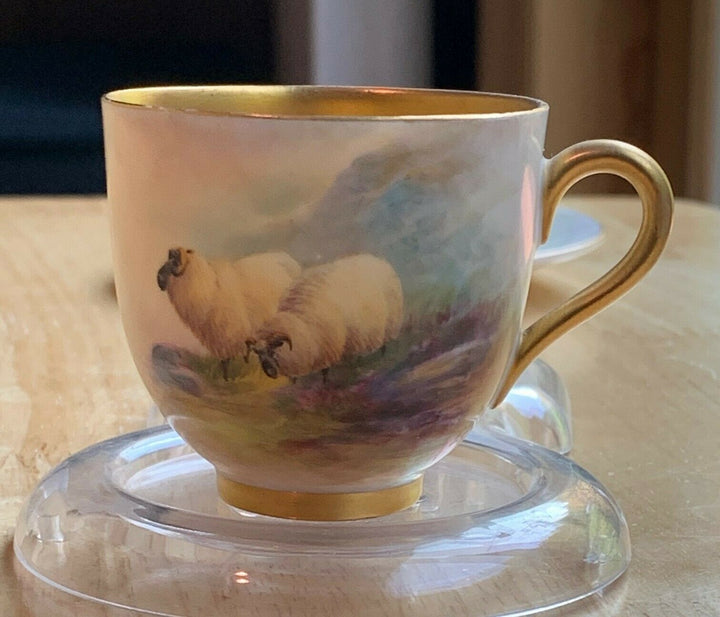 ロイヤルウースター、手描き羊柄カップ ＆ ソーサー、E. バーカー 1913年