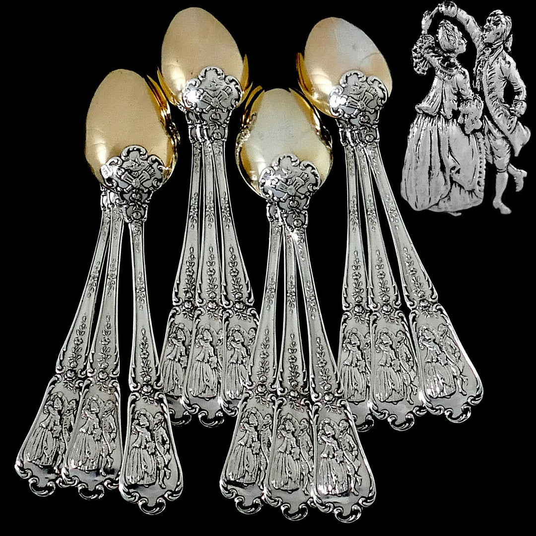 Puiforcat Masterpiece French Sterling Silver 18k Gold Tea Spoons Set 12 Pc, Box
