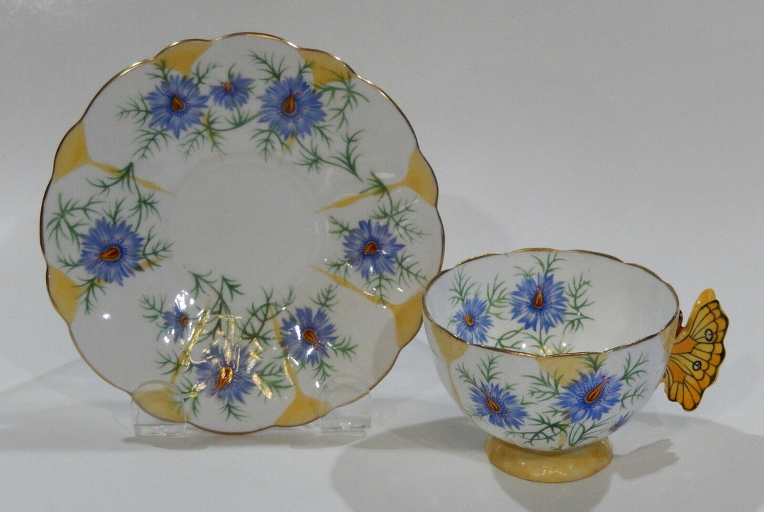 Rare 1930s Aynsley BUTTERFLY HANDLE CORNFLOWER CUP & SAUCER Hand painted Details