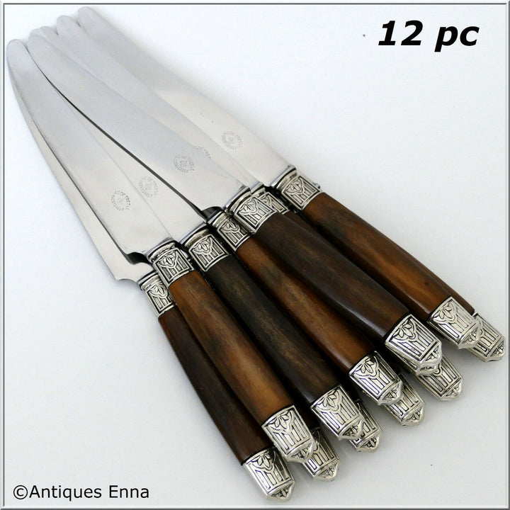 Thiers French Silver & Horn Dinner Knife Set of 12 pc, Art Deco