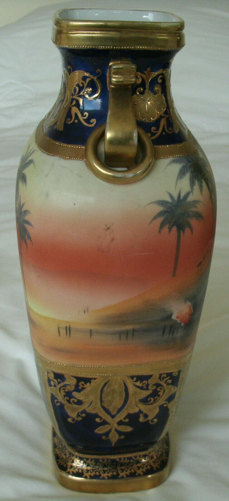 A Stunning Gold Encrusted Noritake Desert Scene Camel Pattern Large 12 in Vase