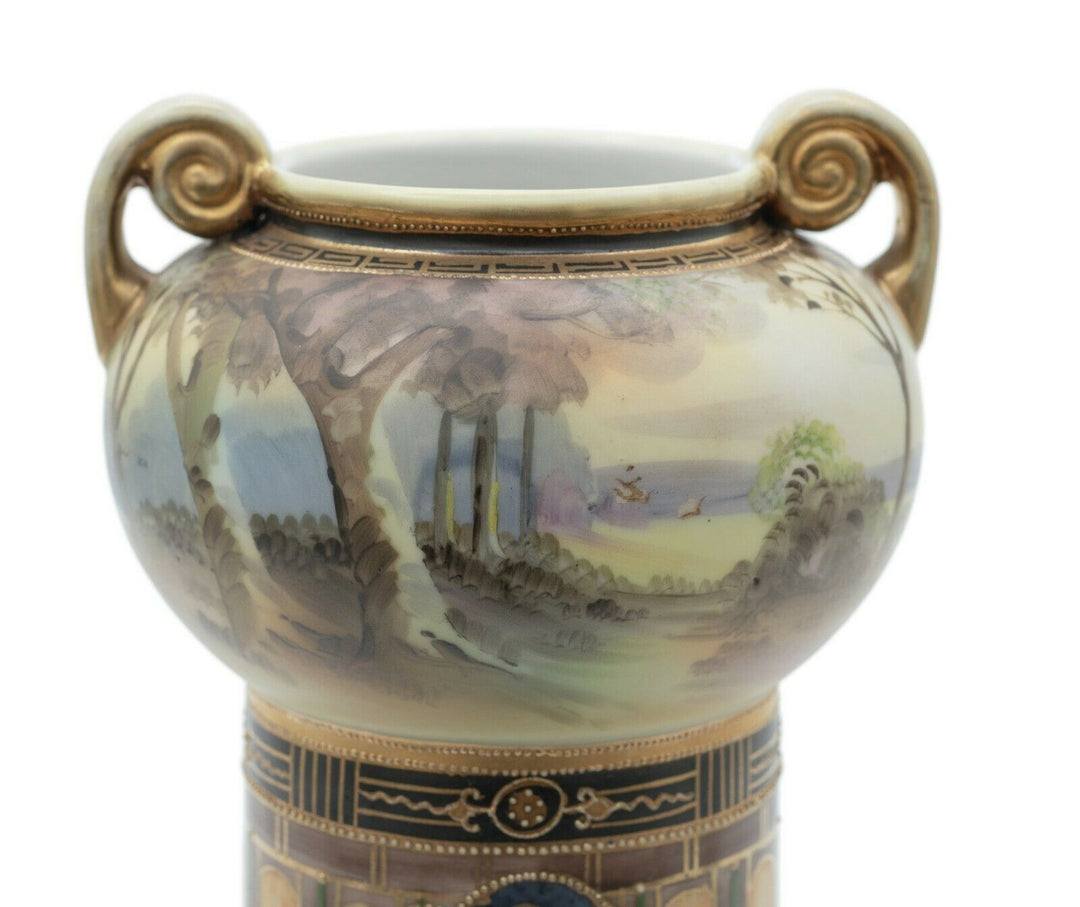 Antique Noritake Porcelain Pedestal Vase with Landscape Scene, Art Deco Period