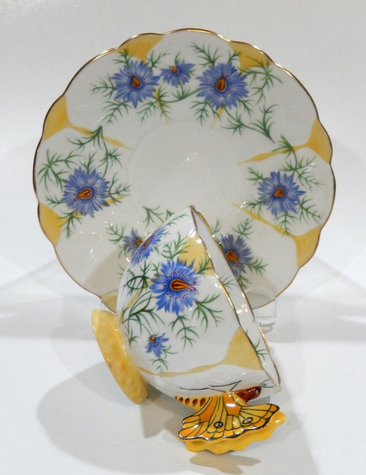 Rare 1930s Aynsley BUTTERFLY HANDLE CORNFLOWER CUP & SAUCER Hand painted Details