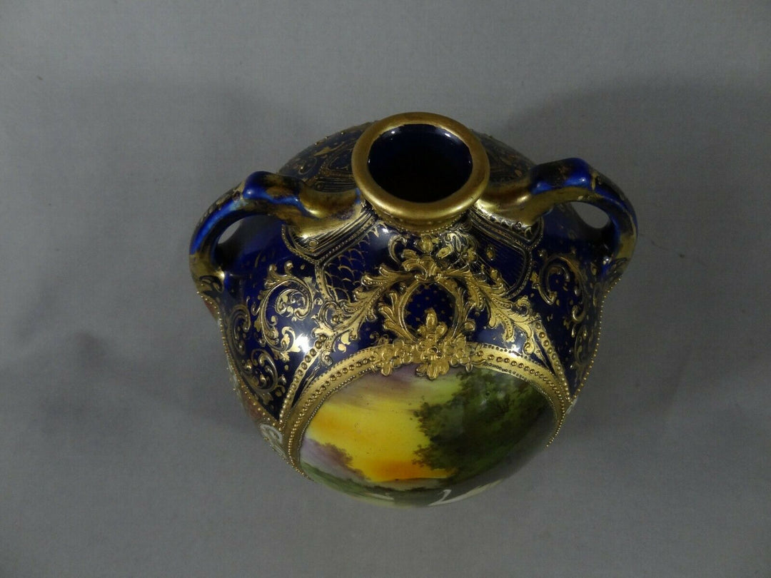 オールドノリタケ　金盛と白鳥とコバルトの花瓶