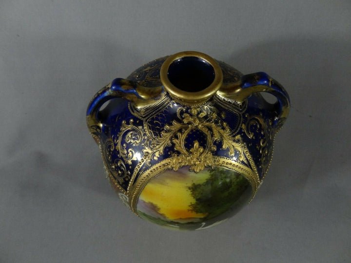 オールドノリタケ　金盛と白鳥とコバルトの花瓶