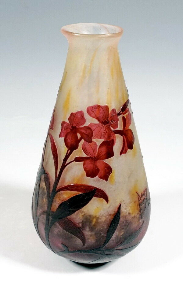 DAUM FRERES NANCY FRANCE JUGENDSTIL CAMEO VASE NACHTVIOLEN DEKOR UM 1910 H: 22CM
