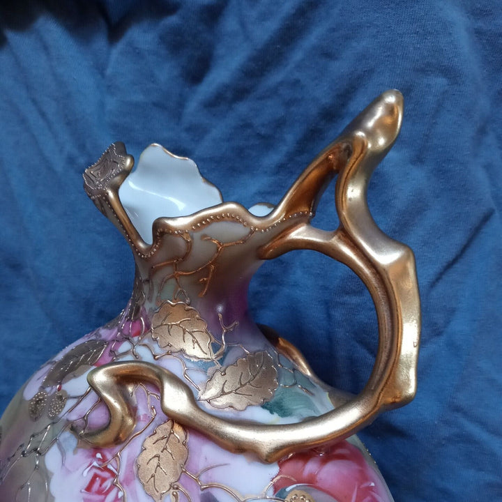 オールドノリタケ　メイプルリーフ印　ピンクローズと金彩の水差し