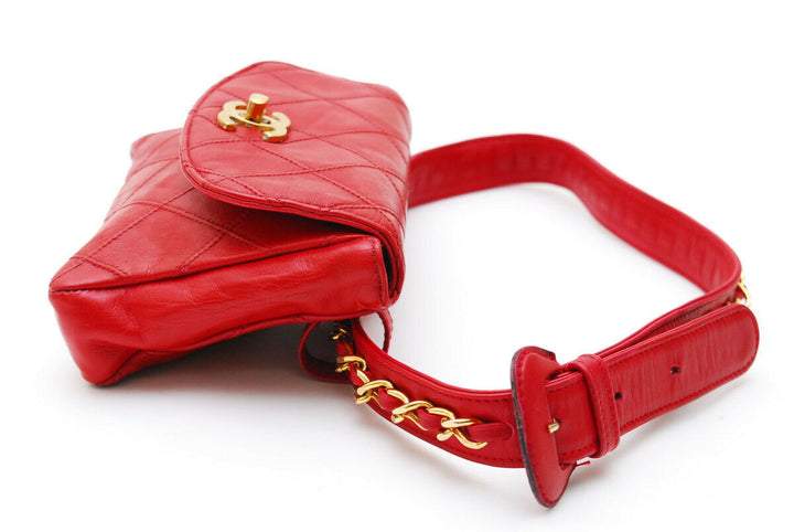 Auth CHANEL Quilted CC Chain Belt Waist Bum Bag Red Leather