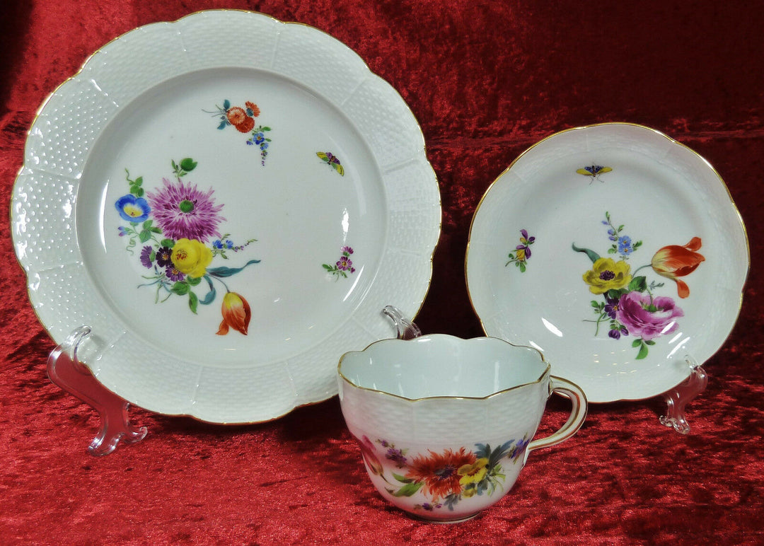 Meissen 3tlg. Kaffee Gedeck Osier * Blumen & Insekten * Pfeifferzeit - 1.Wahl