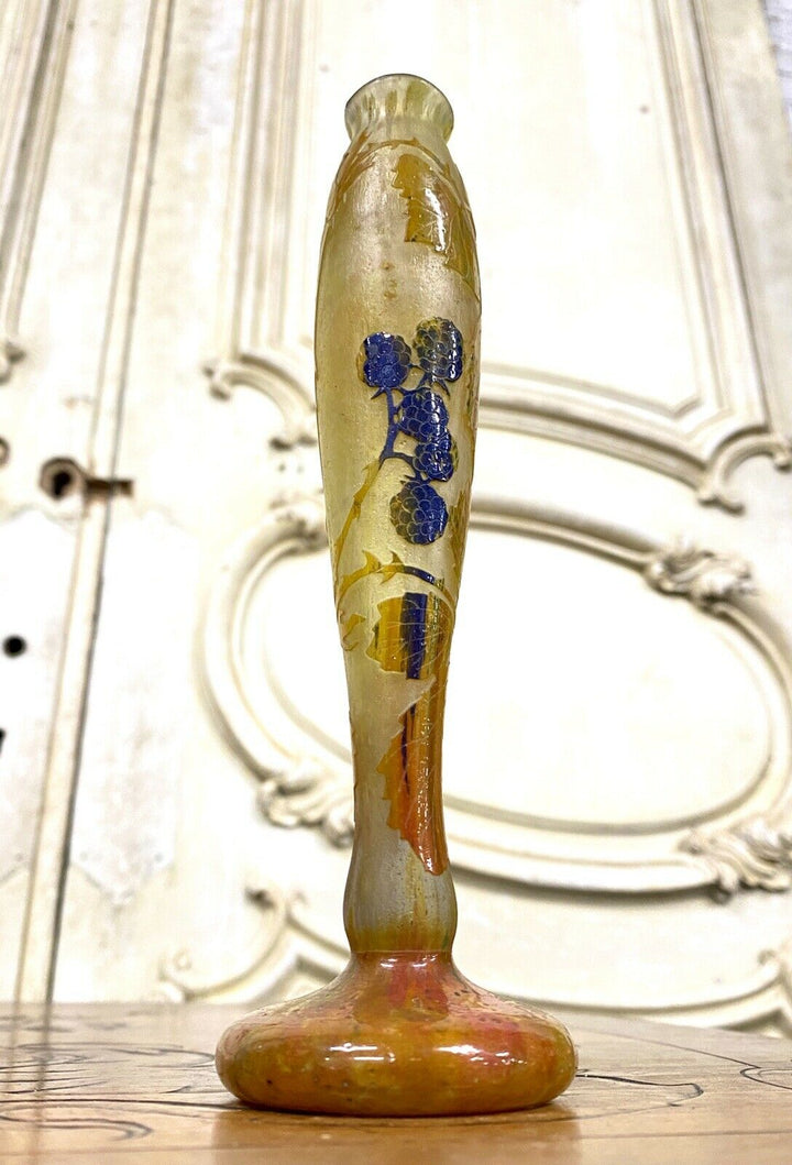 Daum Nancy - Vase Aux Mûres En Verre Multicouche, Pate De Verre Art Nouveau