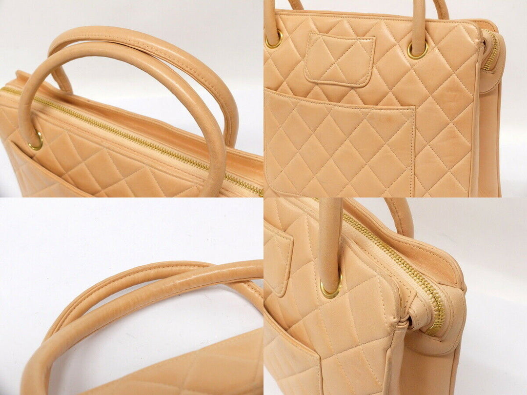 AUTH CHANEL BEIGE Quilted Lamb skin Leather Gold Medallion