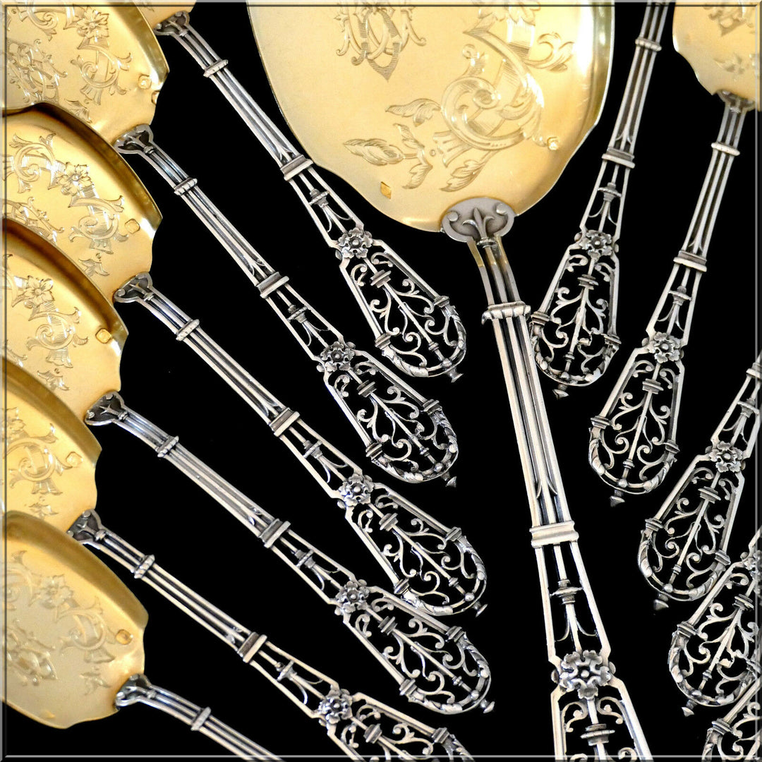 Puiforcat French Sterling Silver 18k Gold Ice Cream Set, Ferrure, Original Box