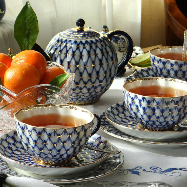 Classic Cobalt Net Teacup and Saucer by Imperial Porcelain Lomonosov LFZ IFZ