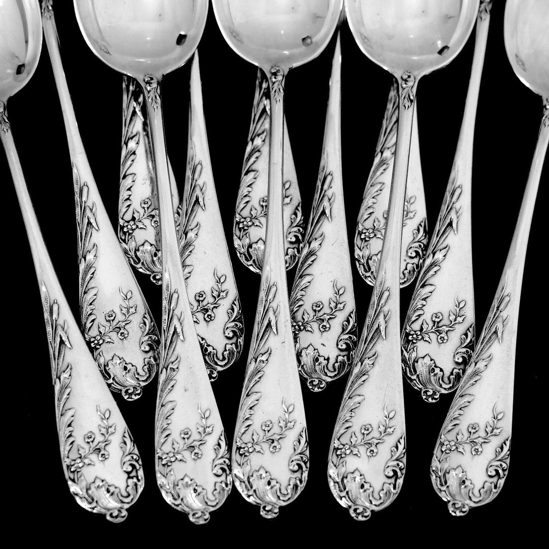 Debain French Sterling Silver Tea Coffee Spoons Set 12 pc, Art Nouveau