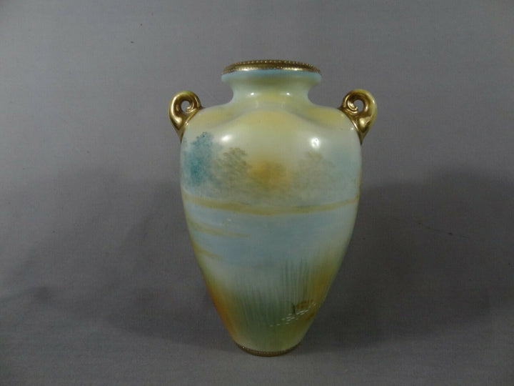 オールドノリタケ　水辺にピンクローズの花瓶