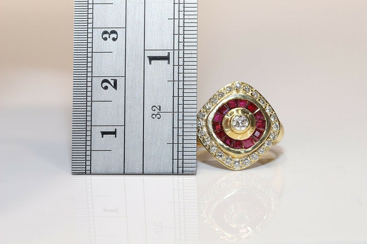 オールド 18K ナチュラルダイヤモンドとカリバールビーのナヴェットリング