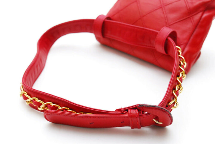 Auth CHANEL Quilted CC Chain Belt Waist Bum Bag Red Leather