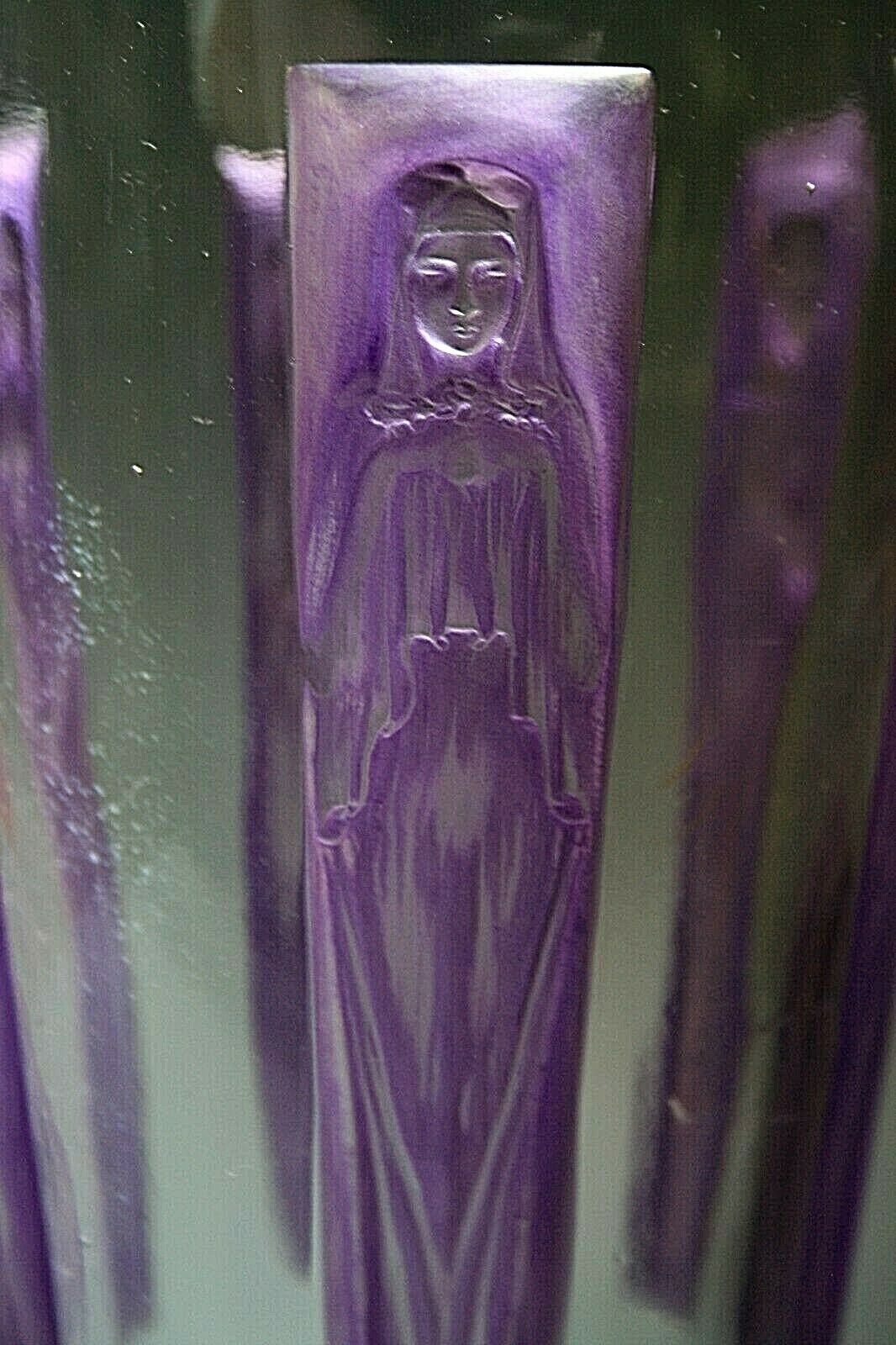 RENE LALIQUE " SIX FIGURINES " GLASS VASE WITH PURPLE PATINA
