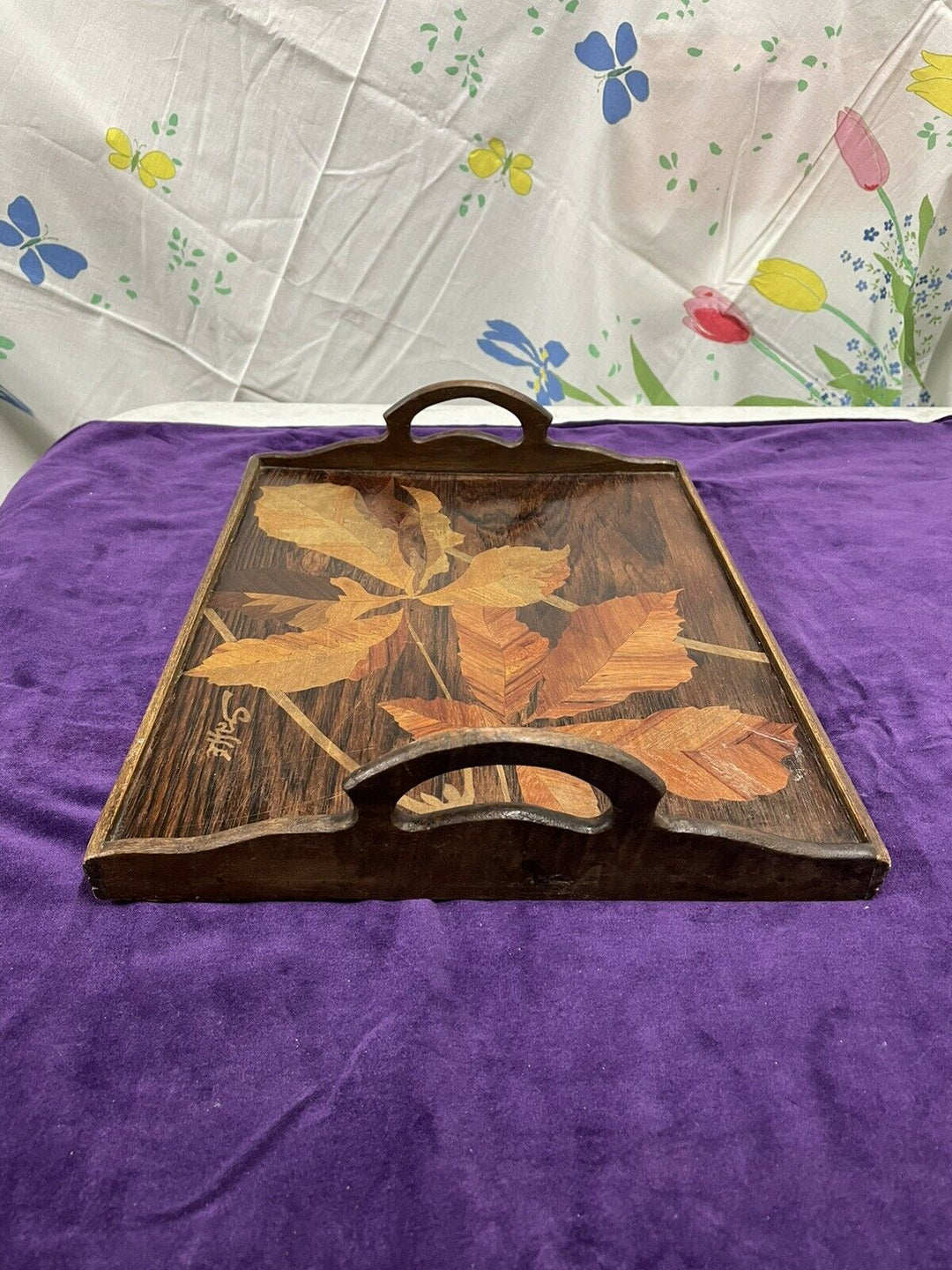 ANCIEN PLATEAU MARQUETERIE SIGNE GALLE ÉPOQUE ART NOUVEAU NOYER