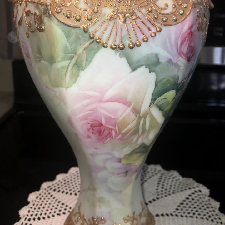 オールドノリタケ　メイプルリーフ印　ピンクローズと金彩の高級花瓶