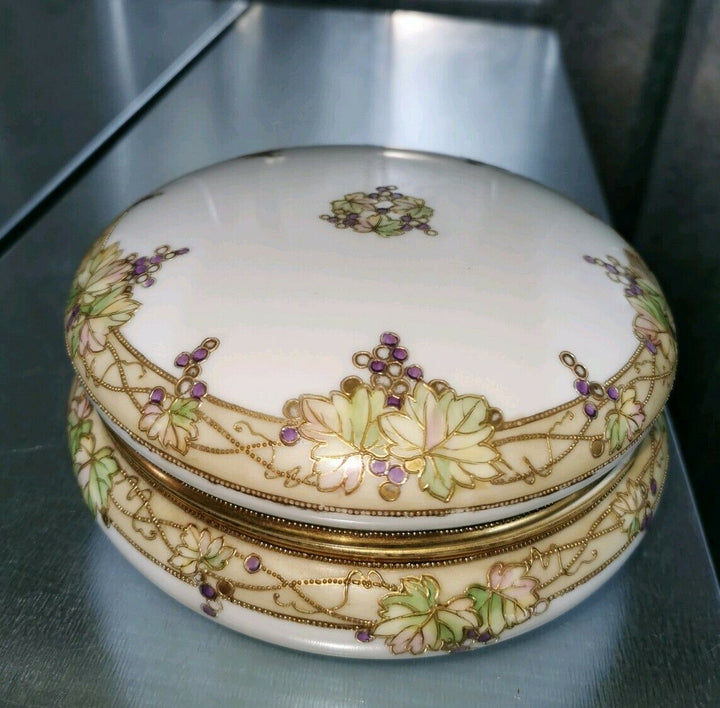 Antique Nippon Hand Painted Humidor Bowl Gilt Gold Grape Morimura Bros Vintage