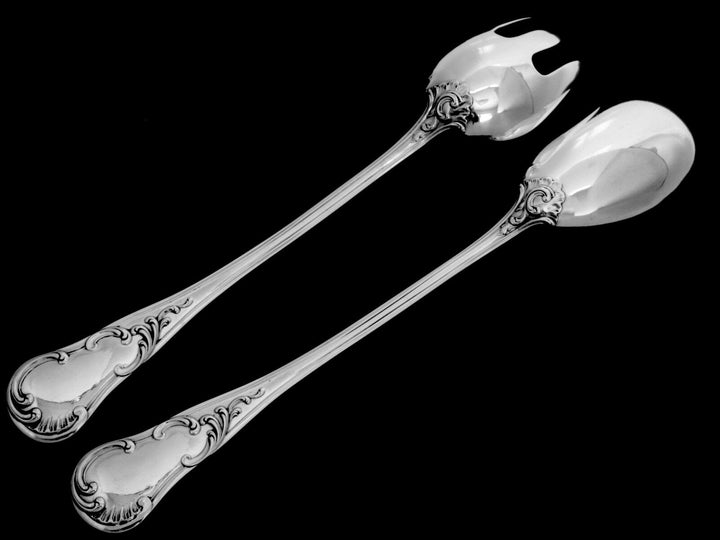 QUEILLE Elegant French All Sterling Silver Salad Serving Set 2 pc Rococo