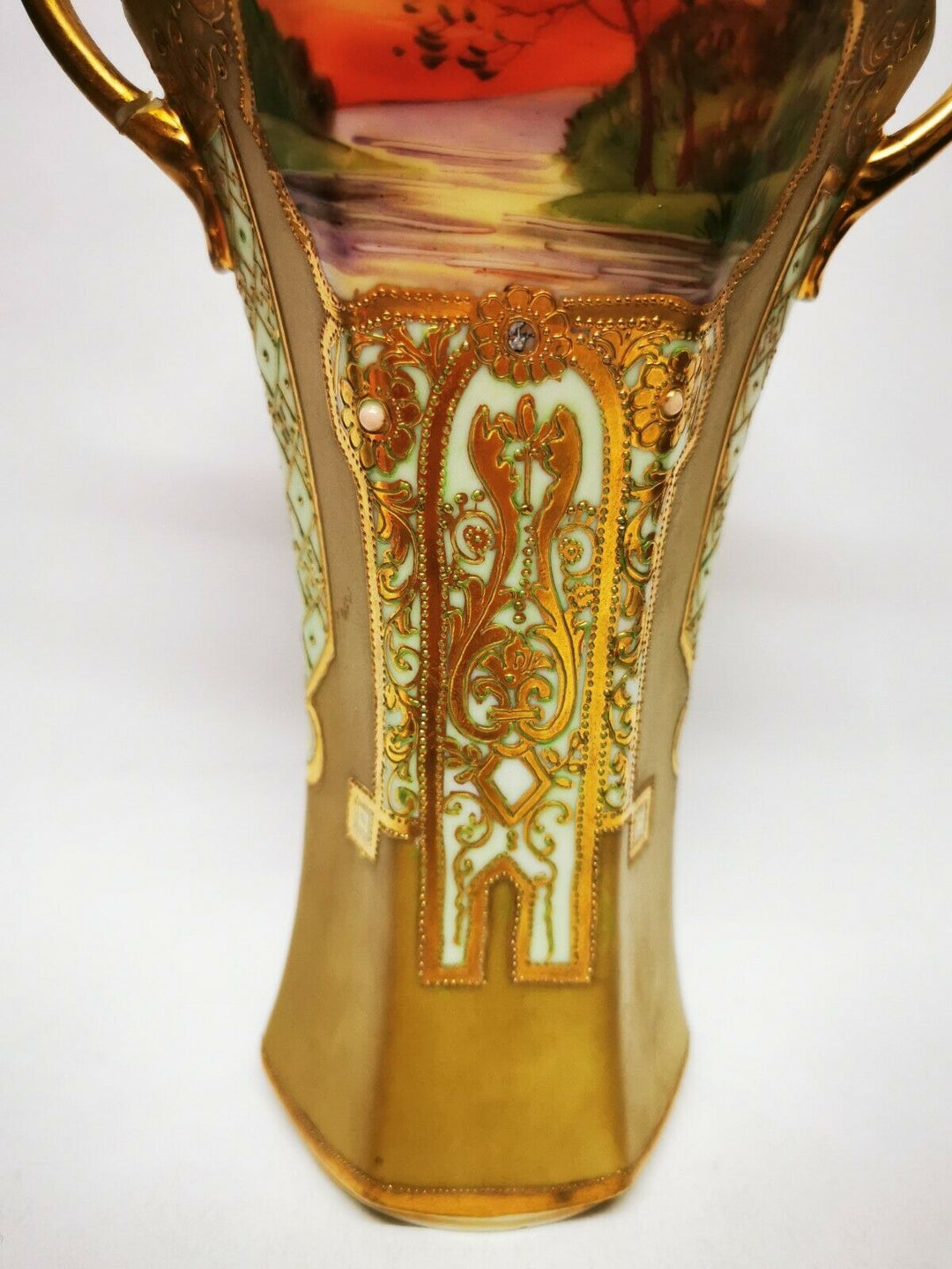 Antique Noritake Two Handled Pedestal Vase Gilted & Jewelled c1906 Art Nouveau