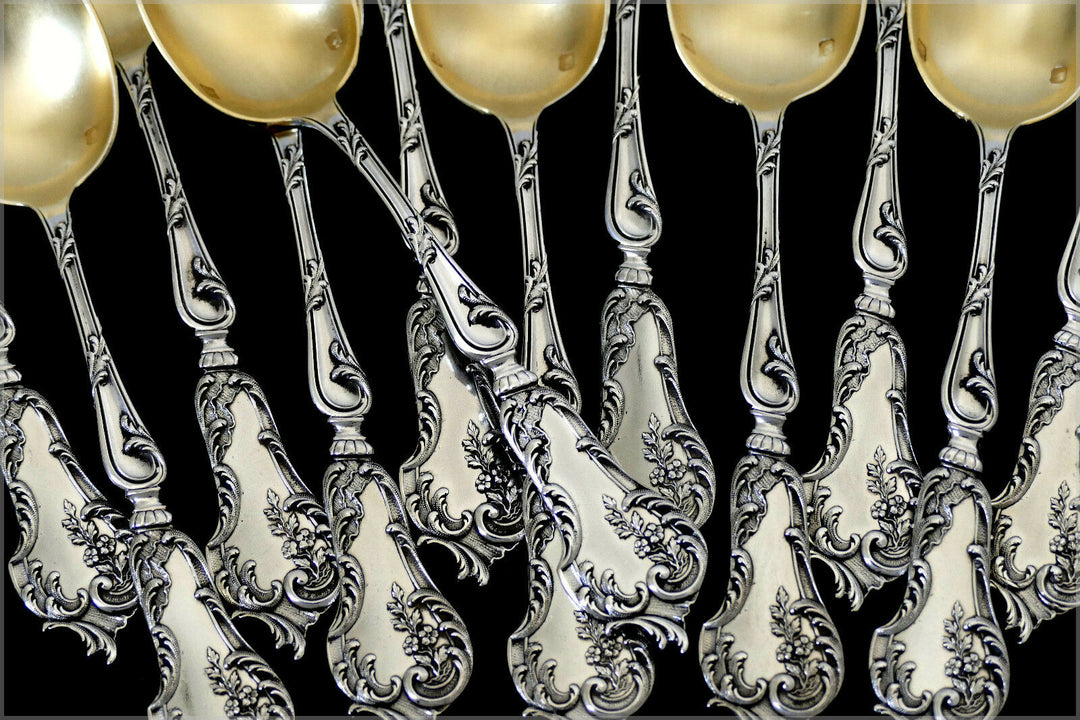 Soufflot French Sterling Silver 18k Gold Tea Coffee Spoons Set 12 pc Rococo