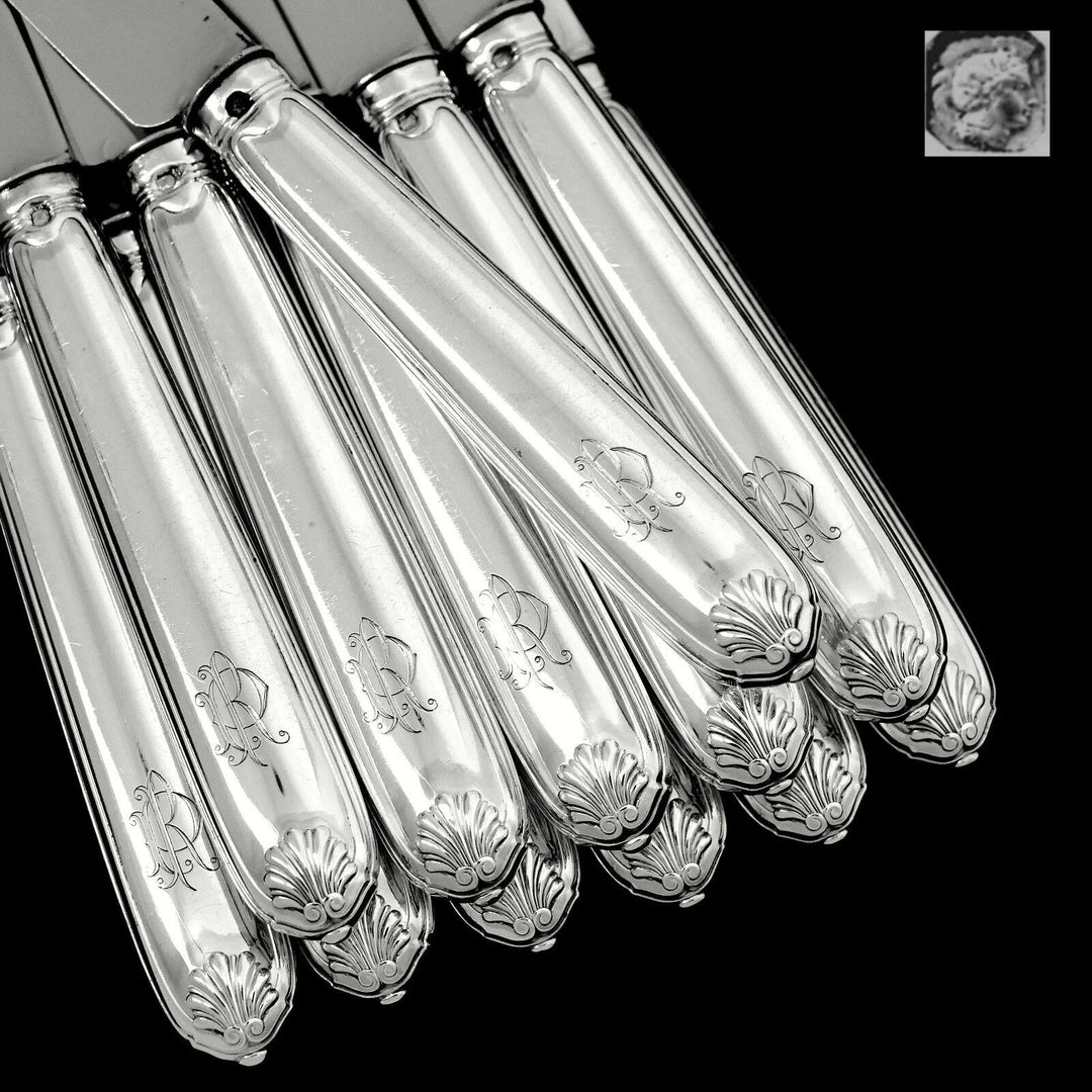 Puiforcat French Sterling Silver Dinner Dessert Knife Set 24 Pc, box, Shell