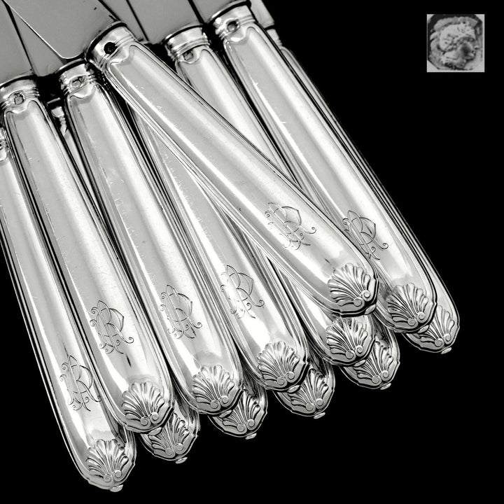 Puiforcat French Sterling Silver Dinner Dessert Knife Set 24 Pc, box, Shell