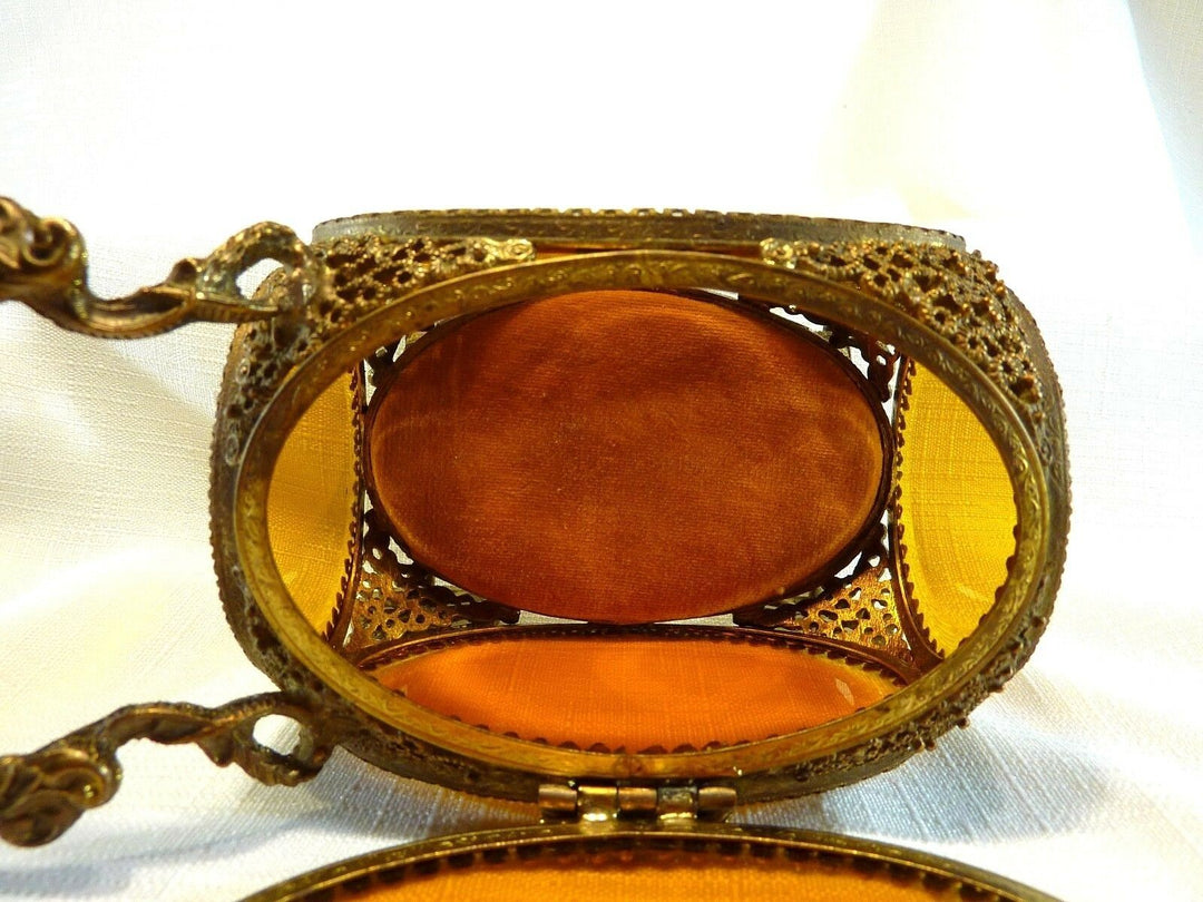 Vintage Ormolu 24k Gold Plate Amber Colour Beveled Glass Jewel Casket