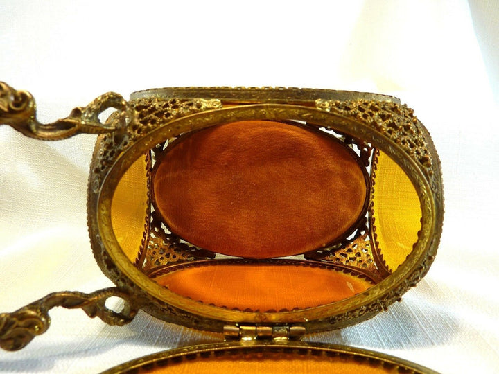 Vintage Ormolu 24k Gold Plate Amber Colour Beveled Glass Jewel Casket
