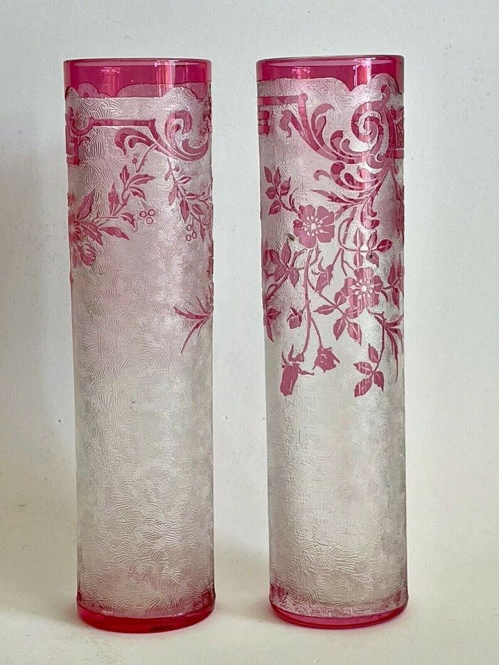 Val Saint Lambert Antique Original crystal Cameo Acid Enamel Vases VSL Baccarat
