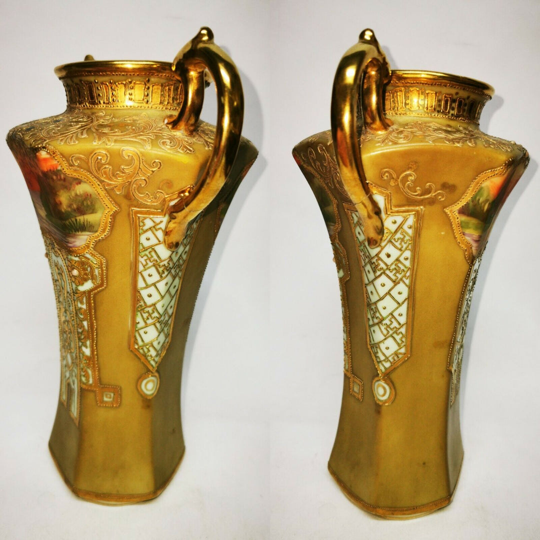 Antique Noritake Two Handled Pedestal Vase Gilted & Jewelled c1906 Art Nouveau