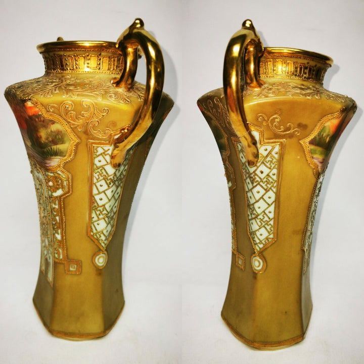 Antique Noritake Two Handled Pedestal Vase Gilted & Jewelled c1906 Art Nouveau