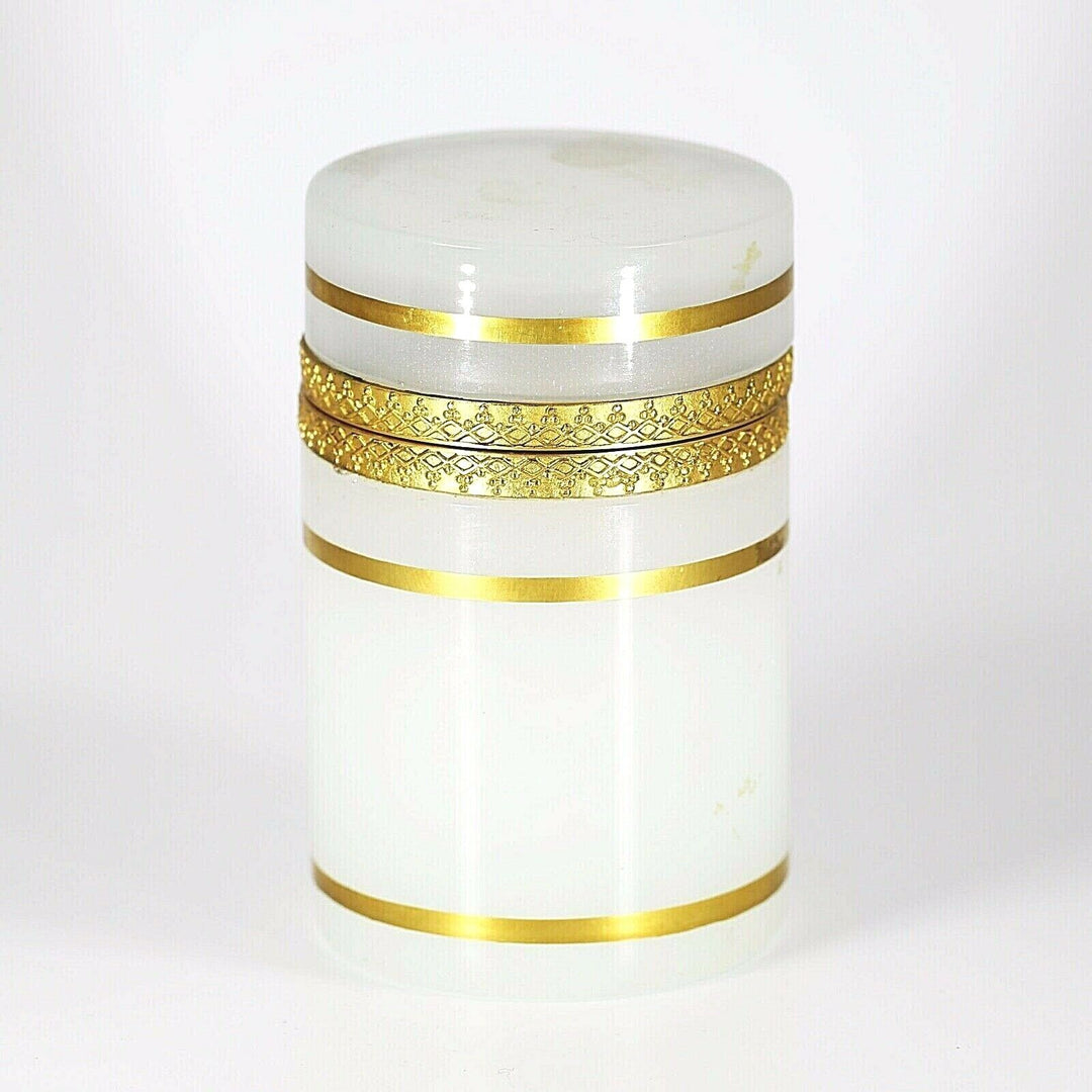 Vintage French trinket or jewelry BOX opaline glass w/ gold bands and hinged lid