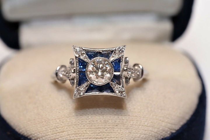 オールド 18K アールデコ ナチュラルダイヤモンドとサファイアのリング