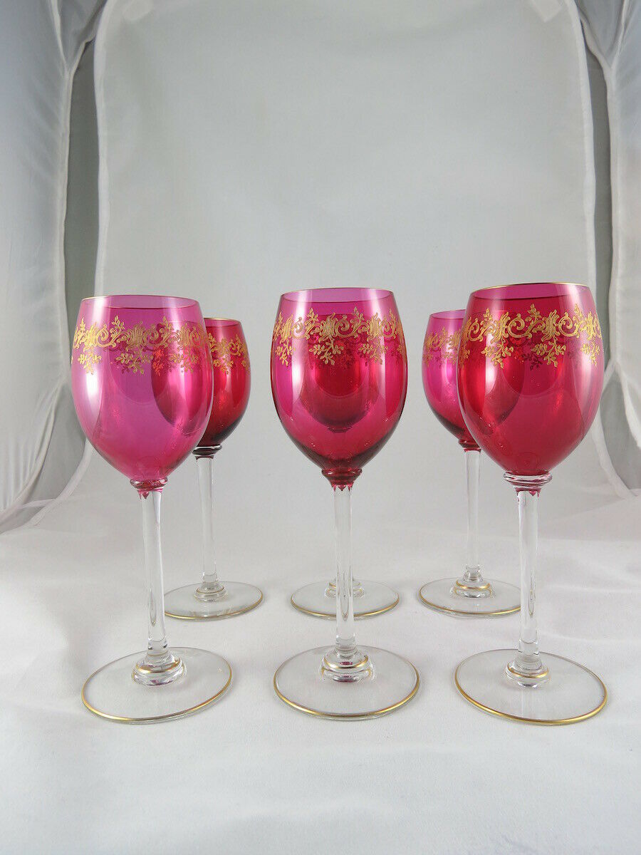 FINE FRENCH Baccarat RUBY GLASS SET OF 6 WINE GOBLET w/ GOLD, Recamier PATTERN