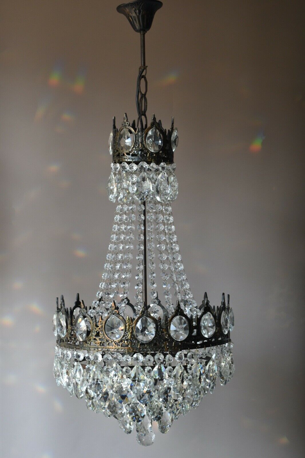Two Antique Vintage Crystal Chandeliers in Bronze, Ceiling Lighting, pendants