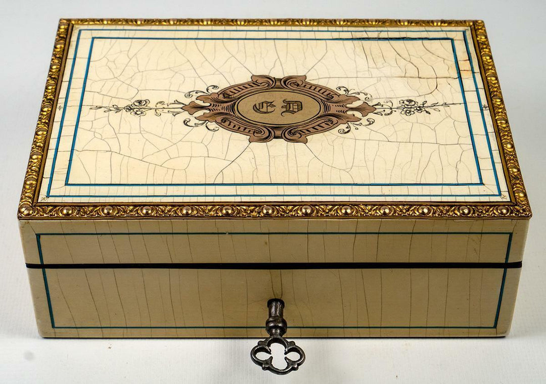 Stunning Antique French Jewelry Box, Cigar Casket, Boulle Work, Lock w Key