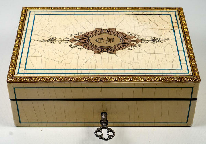 Stunning Antique French Jewelry Box, Cigar Casket, Boulle Work, Lock w Key