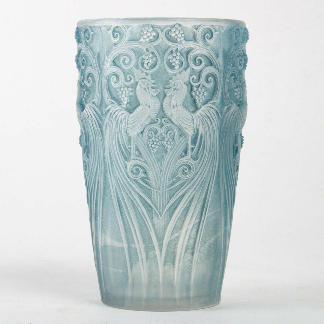 Vase Coqs Et Plumes Verre Patine Bleu René Lalique R.Lalique Blue Stained Glass