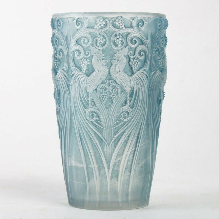 Vase Coqs Et Plumes Verre Patine Bleu René Lalique R.Lalique Blue Stained Glass
